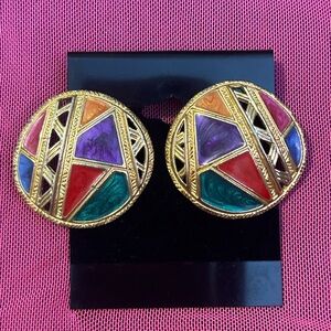 Edgar Berebi Vintage Enamel Earrings | 80s 90s Gold Tone Abstract multicolored